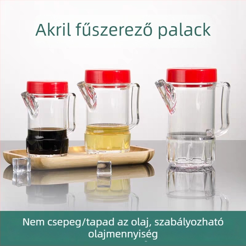 Vörös fedelű, átlátszó akril olajtartó, vastagított műanyag testtel – konyhai használatra, olaj, szójaszósz, ecet és fűszerek tárolására