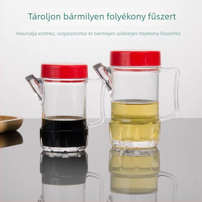 Vörös fedelű, átlátszó akril olajtartó, vastagított műanyag testtel – konyhai használatra, olaj, szójaszósz, ecet és fűszerek tárolására