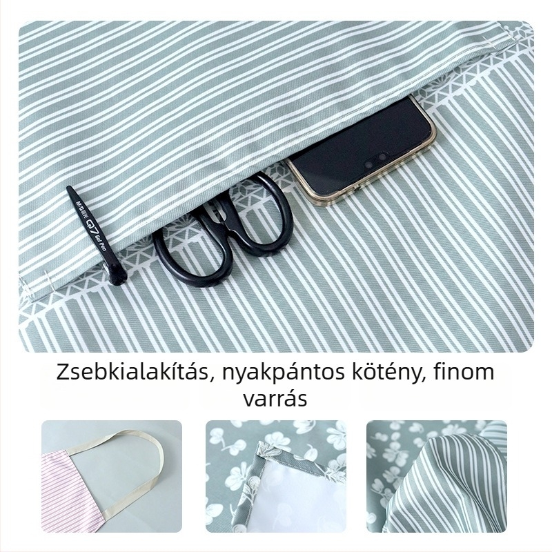 Ujjatlan kötény virágos csíkos mintával, vízálló konyhai kötény nagy zsebbel, otthoni használatra, japán stílusú aranyos dizájn