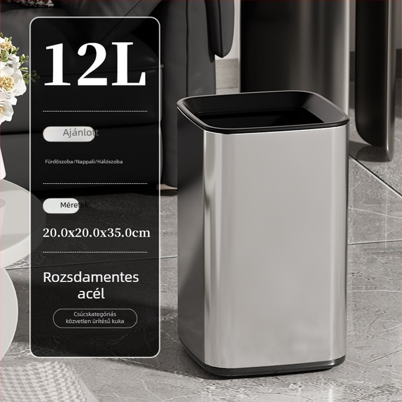 Rozsdamentes acél szemetes, duplafalú, fedél nélküli, négyzetes és kerek formájú, 12 literes kapacitás, irodai, konyhai, kemping és otthoni használatra
