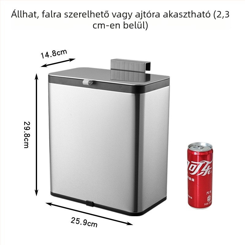 Rozsdamentes acél falra szerelhető szemetes fedővel, 7 L, konyha és fürdőszoba használatra