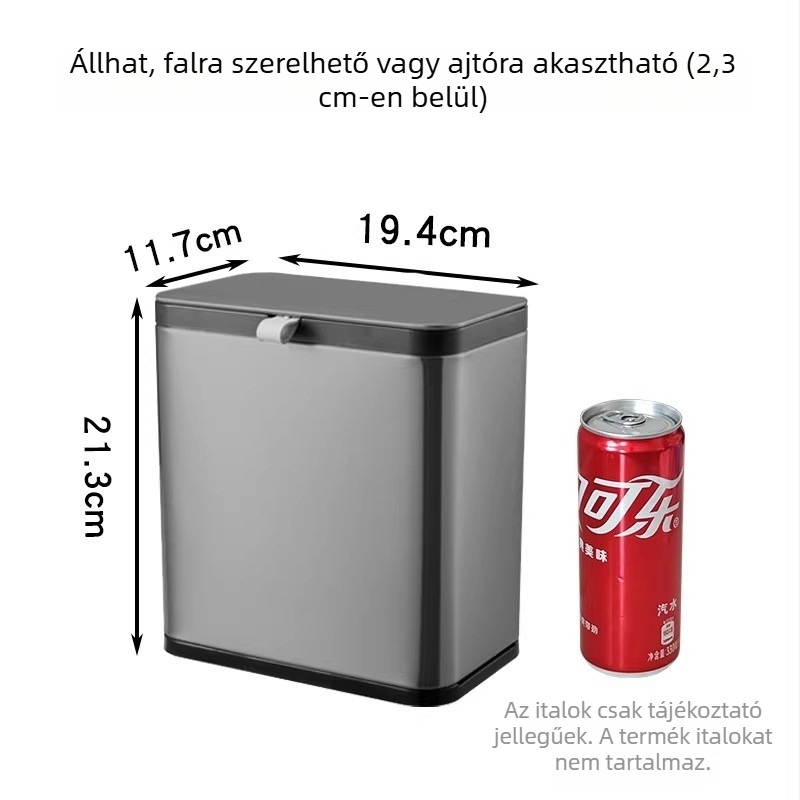 Rozsdamentes acél falra szerelhető szemetes fedővel, 7 L, konyha és fürdőszoba használatra