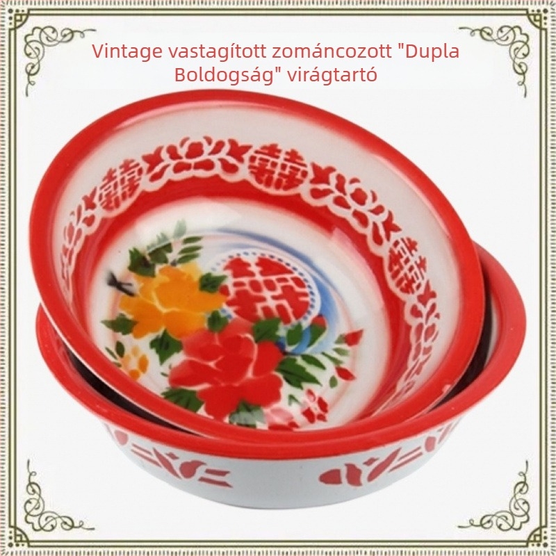 Vastag zománcos mosdótál, régi típusú vas-porcelán mosdó, nagy méretű arc- és lábfürdő tál, esküvői mosdó dupla boldogság felirattal