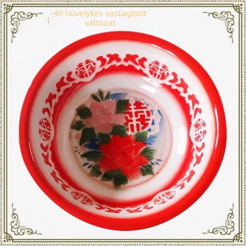 Vastag zománcos mosdótál, régi típusú vas-porcelán mosdó, nagy méretű arc- és lábfürdő tál, esküvői mosdó dupla boldogság felirattal
