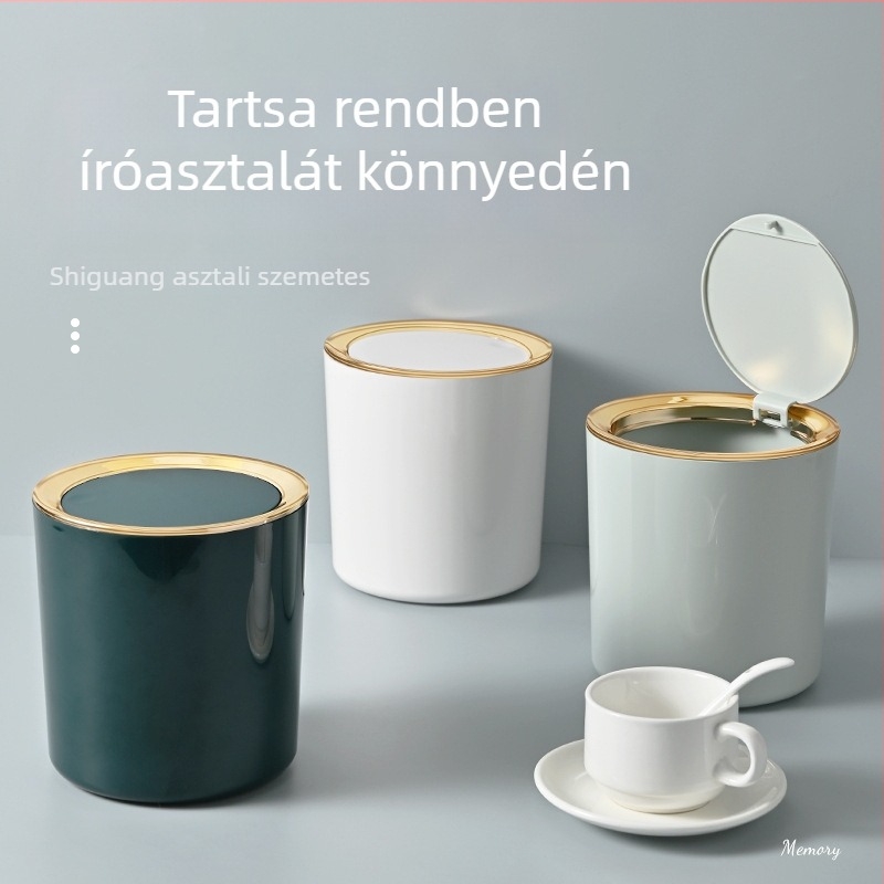 Fényűző asztali szemetes fedéllel és nyomógombos gyűrűs mechanizmussal, ABS, kapacitás 4 liter alatt, kompakt iroda