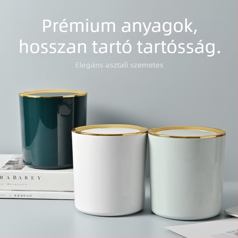 Fényűző asztali szemetes fedéllel és nyomógombos gyűrűs mechanizmussal, ABS, kapacitás 4 liter alatt, kompakt iroda