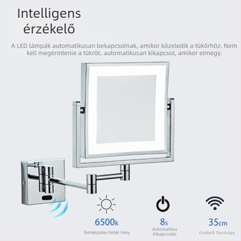 Négyszögletes, kettős oldalú LED világítású sminktükör, egyik oldal normál, a másik nagyító; összecsukható és teleszkópos, 360° nagyítás.
