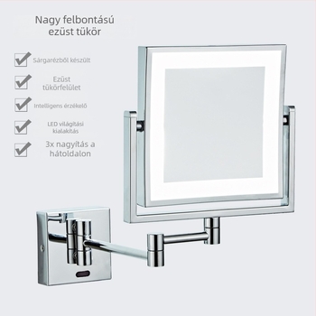 Négyszögletes, kettős oldalú LED világítású sminktükör, egyik oldal normál, a másik nagyító; összecsukható és teleszkópos, 360° nagyítás.
