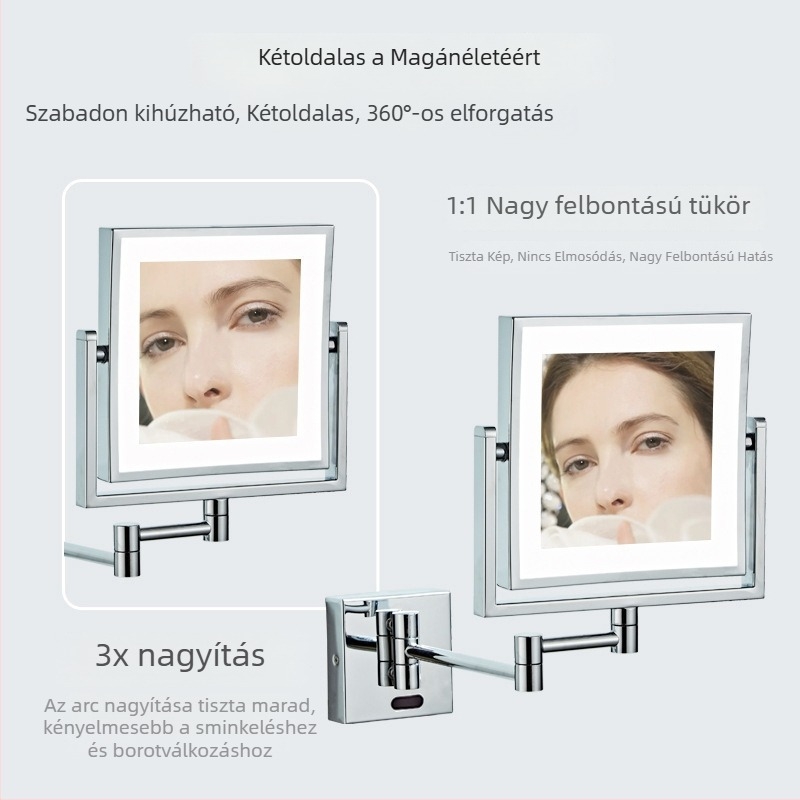 Négyszögletes, kettős oldalú LED világítású sminktükör, egyik oldal normál, a másik nagyító; összecsukható és teleszkópos, 360° nagyítás.