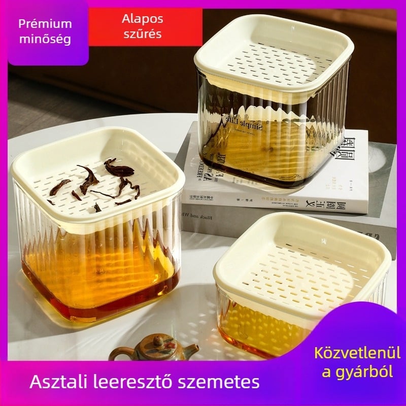 Asztali tealevelek leeresztő vödör szűrővel és nedves–száraz szétválasztással