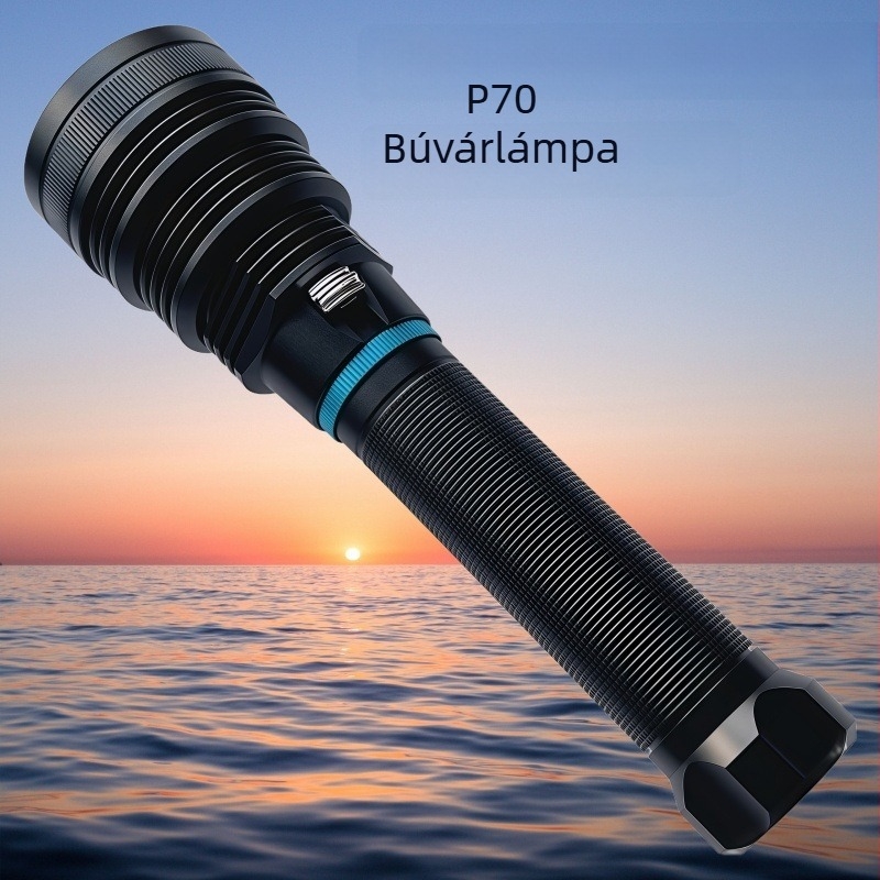 P70 LED búvárfény 26650-es akkumulátorral, vízálló keresőfény, 100–200 m hatótáv