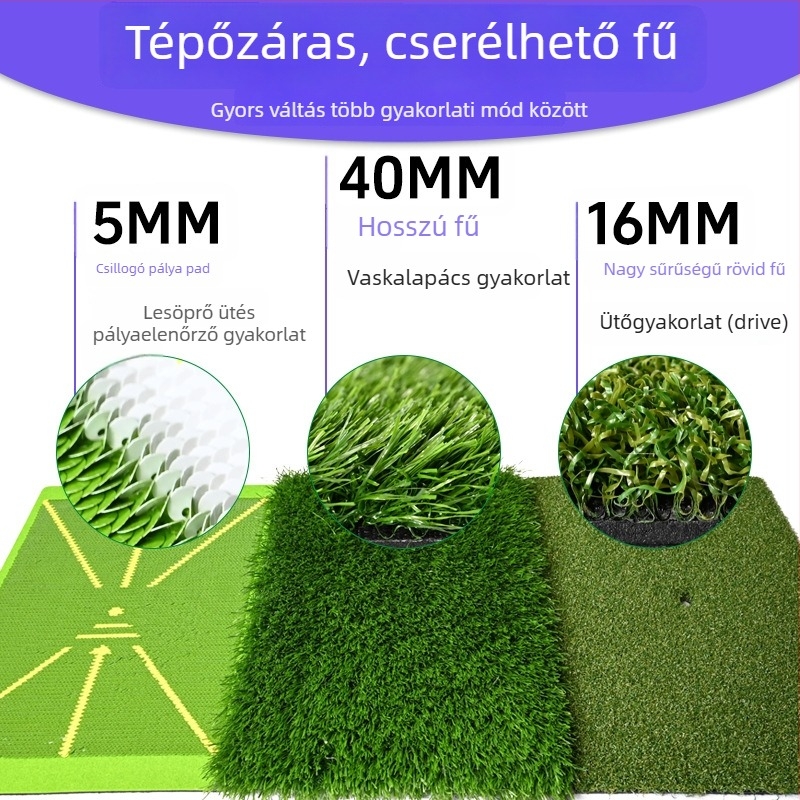 Golf ütőpad gumírozott csúszásmentes alapzattal és cserélhető gyepes szettel