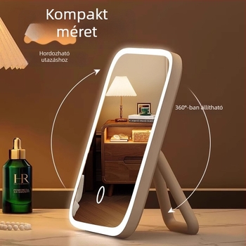 LED-es világítású sminktükör kiegészítő fénnyel, összecsukható asztali tükör Insta-stílusú kollégiumi szobához