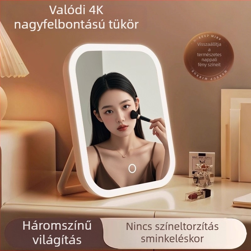 LED-es világítású sminktükör kiegészítő fénnyel, összecsukható asztali tükör Insta-stílusú kollégiumi szobához