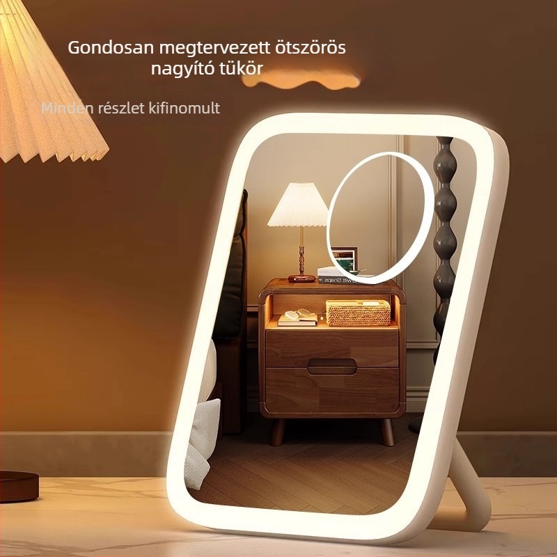 LED-es világítású sminktükör kiegészítő fénnyel, összecsukható asztali tükör Insta-stílusú kollégiumi szobához