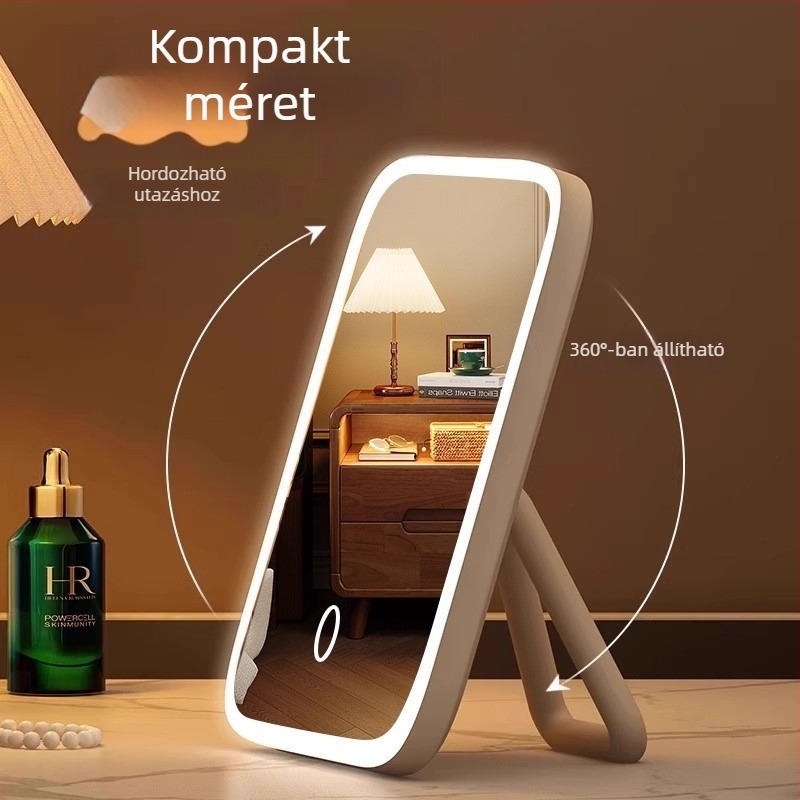 LED-es világítású sminktükör kiegészítő fénnyel, összecsukható asztali tükör Insta-stílusú kollégiumi szobához