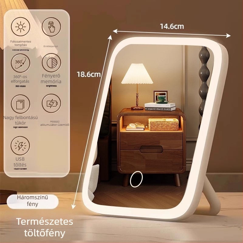 LED-es világítású sminktükör kiegészítő fénnyel, összecsukható asztali tükör Insta-stílusú kollégiumi szobához
