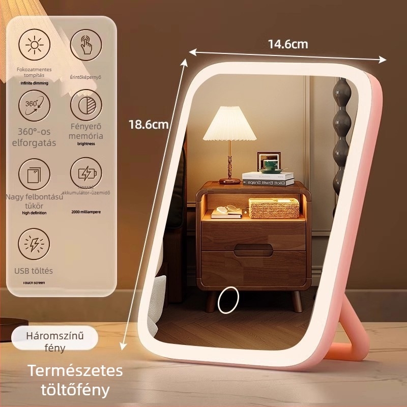 LED-es világítású sminktükör kiegészítő fénnyel, összecsukható asztali tükör Insta-stílusú kollégiumi szobához