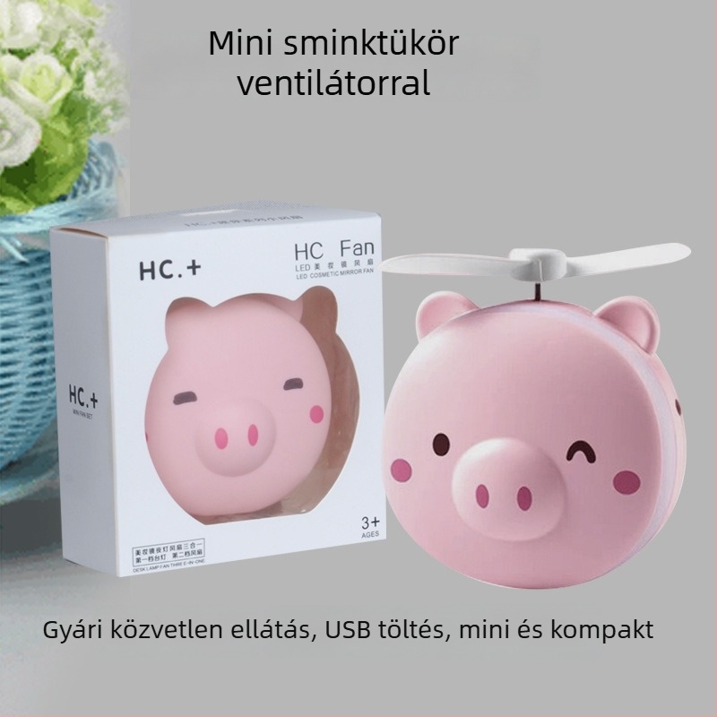 Mini hordozható sminktükör LED világítással és USB tápegységgel, rajzfilm malac dizájn, kézben tartható szépség tükör.