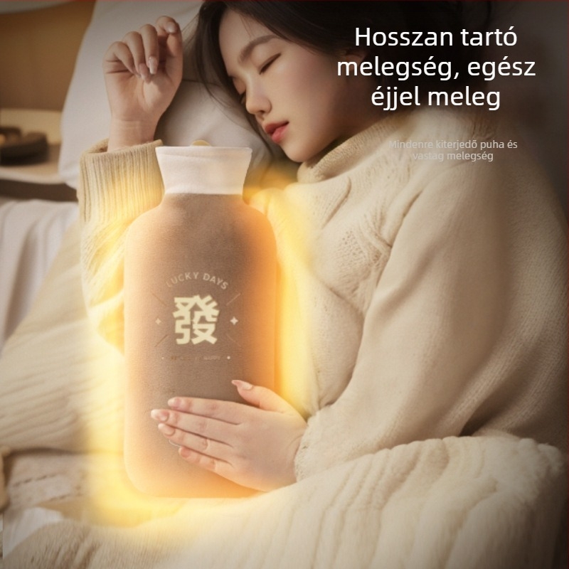Hosszú forróvíztáska plüss borítással, vízzel töltve, robbanásbiztos, hasmelegítő, kéz- és lábmelegítő