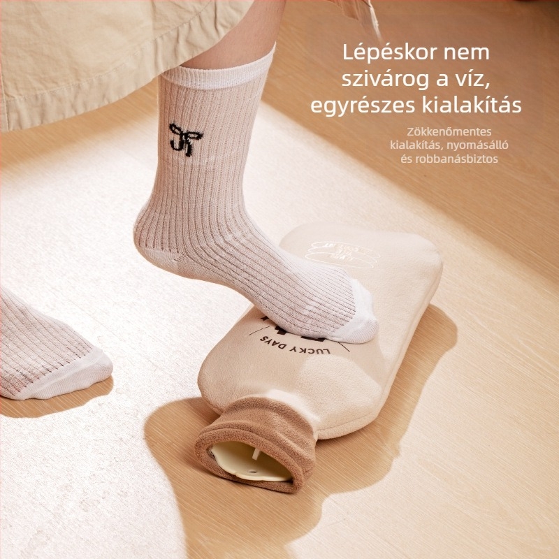 Hosszú forróvíztáska plüss borítással, vízzel töltve, robbanásbiztos, hasmelegítő, kéz- és lábmelegítő