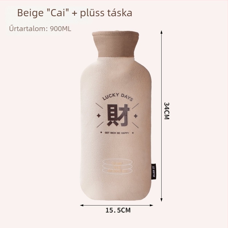 Hosszú forróvíztáska plüss borítással, vízzel töltve, robbanásbiztos, hasmelegítő, kéz- és lábmelegítő