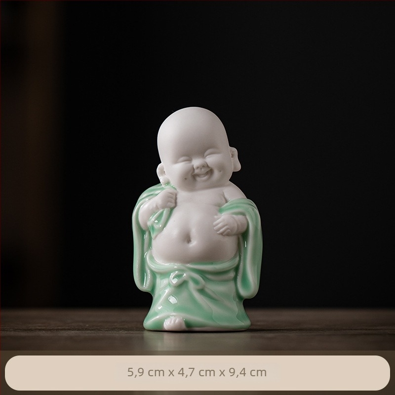 Kerámia Maitreya Buddha mosolygó – kis asztali dísz irodába és teás asztalhoz
