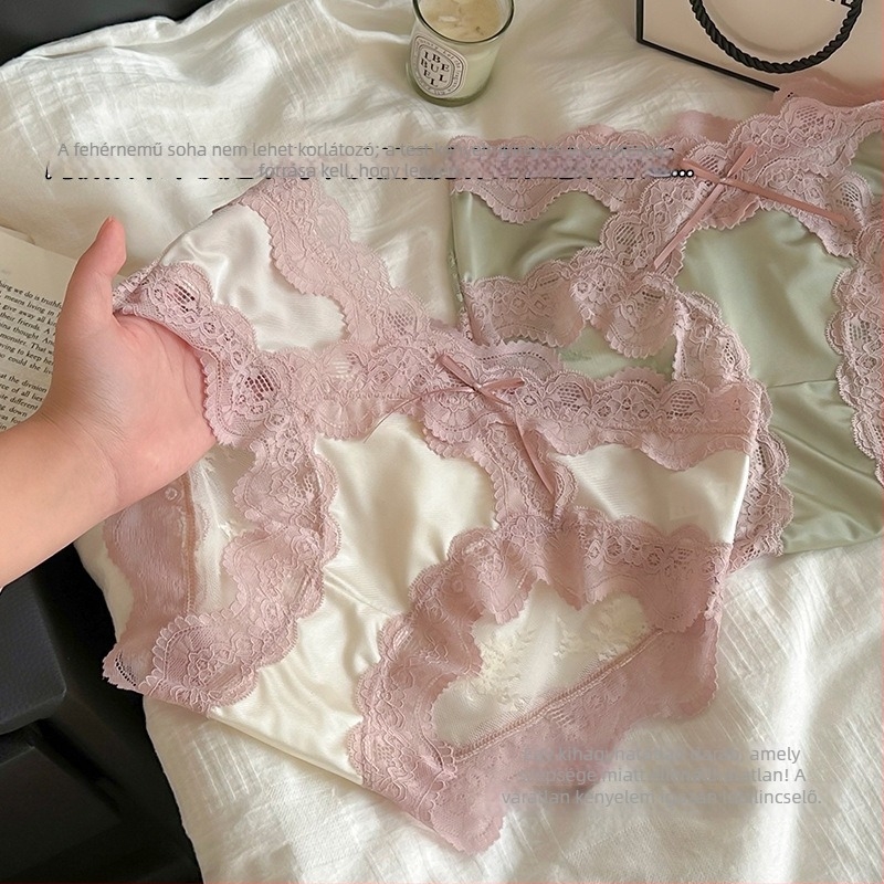 2025-ös új szatén csipkés női bikini bugyi, 100% pamut intim rész és antibakteriális kezelés
