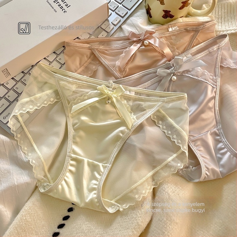 Ice Silk anyagú női középmagas derekú alsó pamut intim résszel, csipkés szegéllyel, lélegző hálószövettel