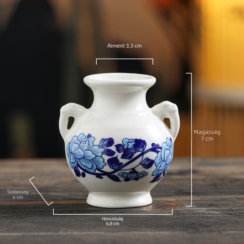 Kis kék-fehér porcelán váza asztali dekorációhoz retró kínai stílusban