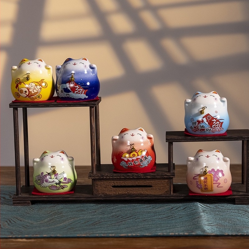 Porcelán szerencsemacska figurája, kínai stílusú asztali dekoráció, porcelán kézműves ajándék