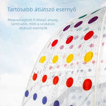 Gyerekeknek szóló átlátszó esernyő színes pöttyökkel, ultra könnyű, kézi nyitású, ívelt gomba alakú kupola, rostból készült váz, logó nyomtatás