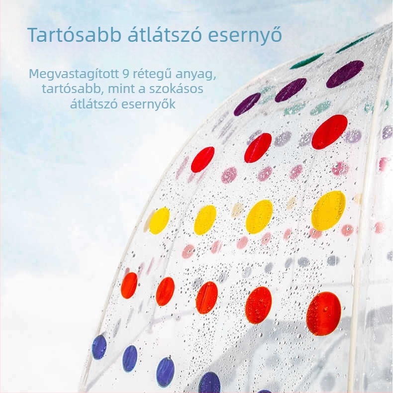 Gyerekeknek szóló átlátszó esernyő színes pöttyökkel, ultra könnyű, kézi nyitású, ívelt gomba alakú kupola, rostból készült váz, logó nyomtatás