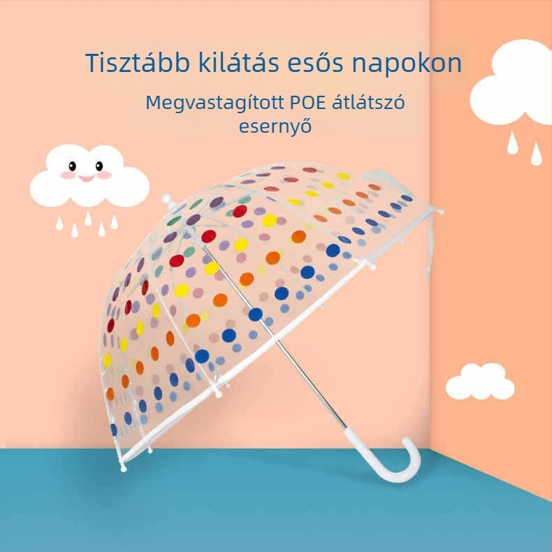 Gyerekeknek szóló átlátszó esernyő színes pöttyökkel, ultra könnyű, kézi nyitású, ívelt gomba alakú kupola, rostból készült váz, logó nyomtatás