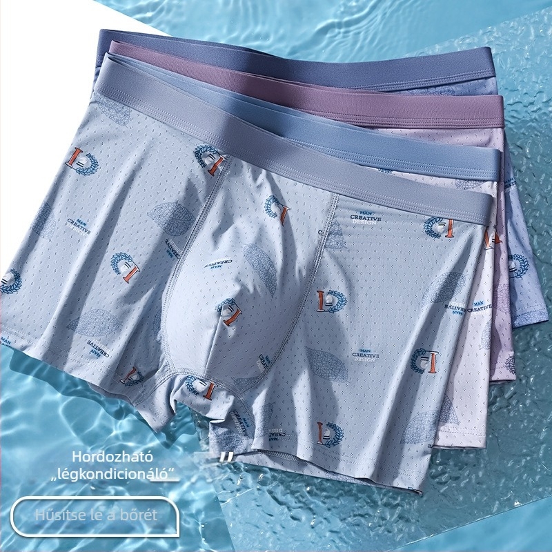Nyári Ice Silk férfi boxeralsó, 3D poliészter, középmagas derék, lélegző, kényelmes, gyorsan száradó