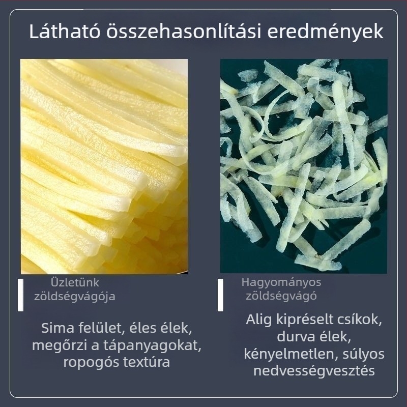Többfunkciós zöldségvágó: szeletelésre, reszelésre és vékony csíkokra vágásra; ideális otthoni és kereskedelmi konyhai használatra