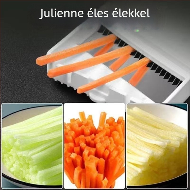 Többfunkciós zöldségvágó: szeletelésre, reszelésre és vékony csíkokra vágásra; ideális otthoni és kereskedelmi konyhai használatra