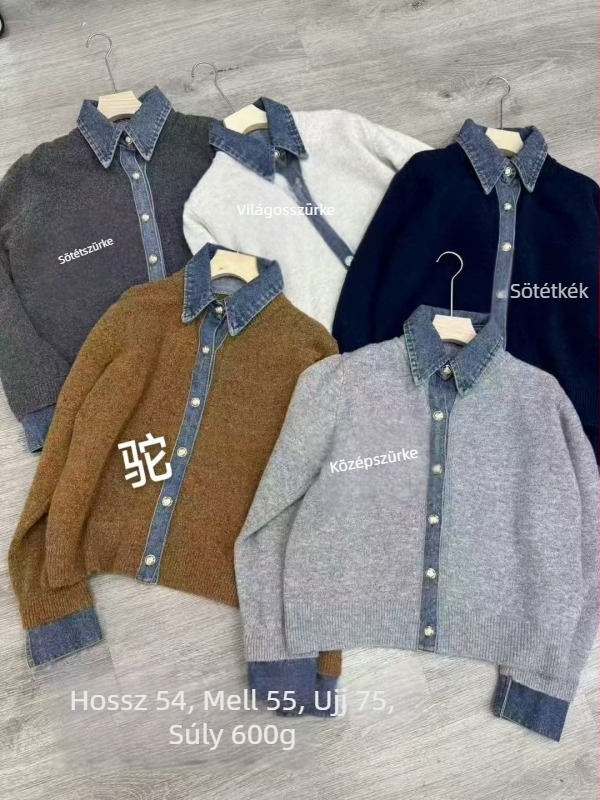 Női kötött kardigán denim panellel, karcsúsító hatás, lazán elegáns stílusban, őszi-téli 2025