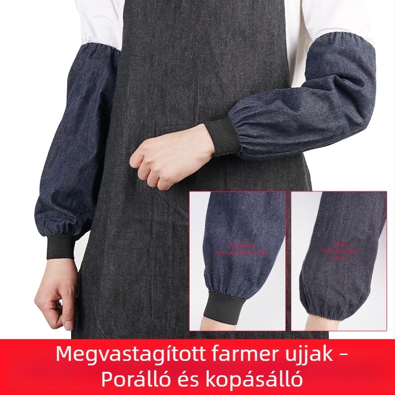 Kék denim forrasztó ujjvédő, hosszított, megerősített kivitel, kopás- és szennyeződésálló, olajálló, ipari használatra