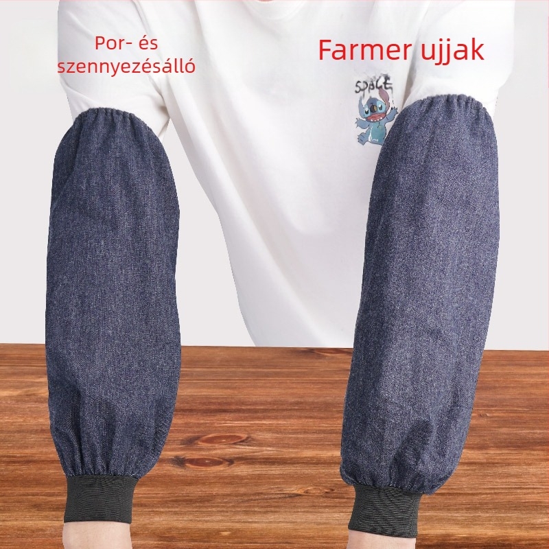 Kék denim forrasztó ujjvédő, hosszított, megerősített kivitel, kopás- és szennyeződésálló, olajálló, ipari használatra