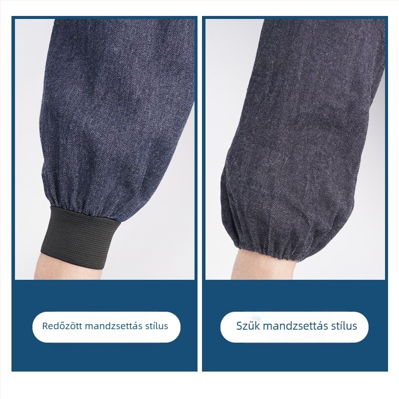 Kék denim forrasztó ujjvédő, hosszított, megerősített kivitel, kopás- és szennyeződésálló, olajálló, ipari használatra