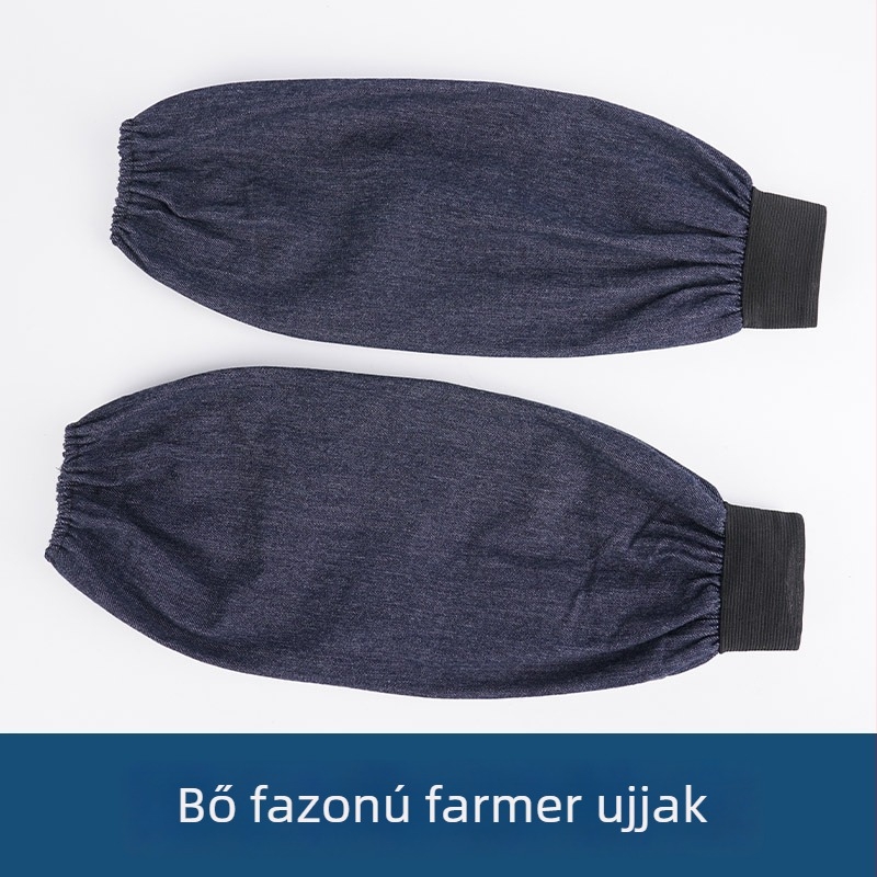 Kék denim forrasztó ujjvédő, hosszított, megerősített kivitel, kopás- és szennyeződésálló, olajálló, ipari használatra