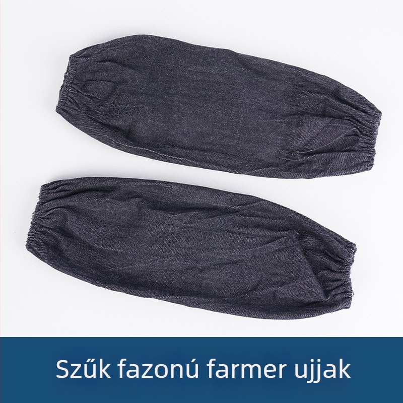 Kék denim forrasztó ujjvédő, hosszított, megerősített kivitel, kopás- és szennyeződésálló, olajálló, ipari használatra