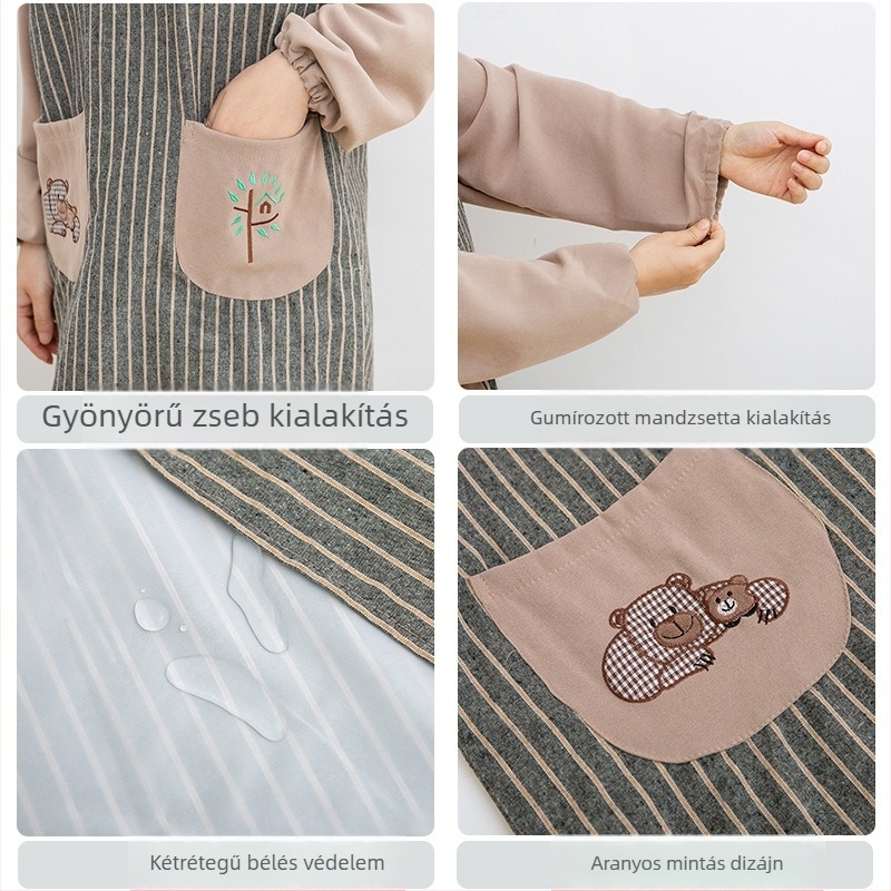 Koreai stílusú, hosszú ujjú kötény csíkos mintával és aranyos medve mintával, háztartási konyhában használható, szennyeződés elleni