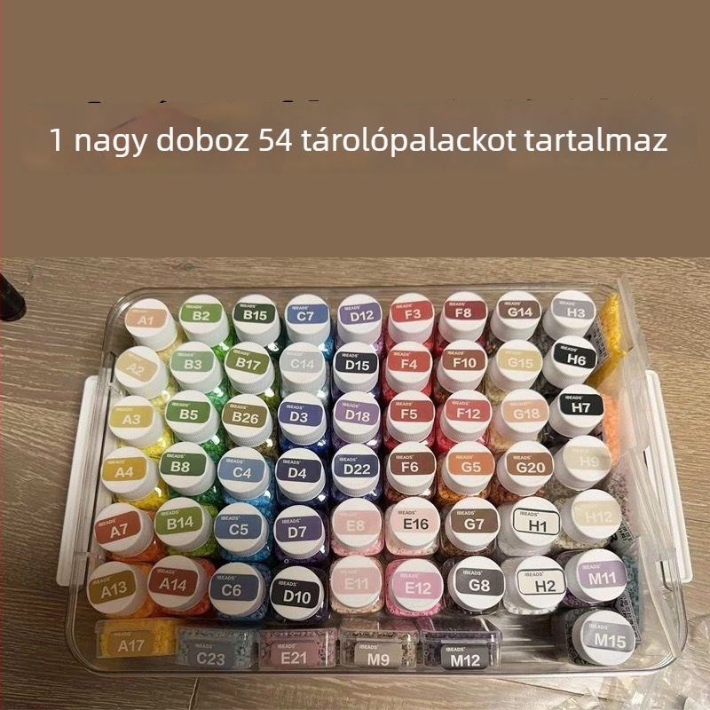 Gyöngyök üvegeinek tároló állványa 221 színű rendszerező dobozzal