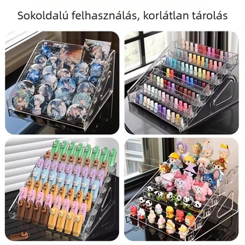 Áttetsző lépcsőzetes kiállítópolc figurák és kis dísztárgyak számára, akril többfunkciós tároló