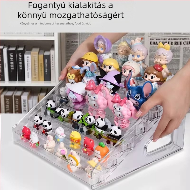 Áttetsző lépcsőzetes kiállítópolc figurák és kis dísztárgyak számára, akril többfunkciós tároló