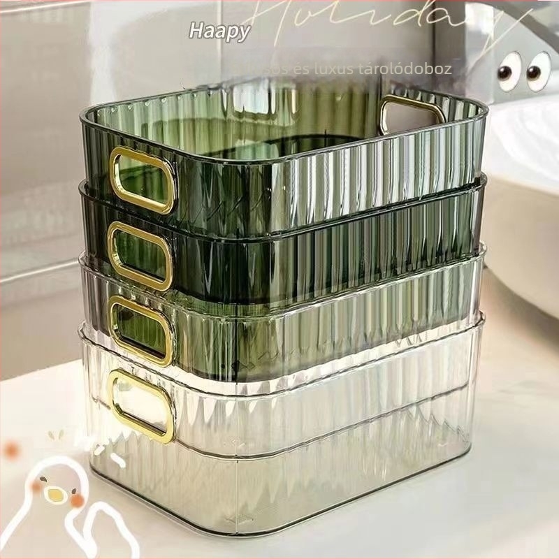 Akril sminkorganizer kozmetikumok és arcmaszkok számára, egyszínű tároló doboz, könnyű luxus stílus, méretek 27×21×10 cm