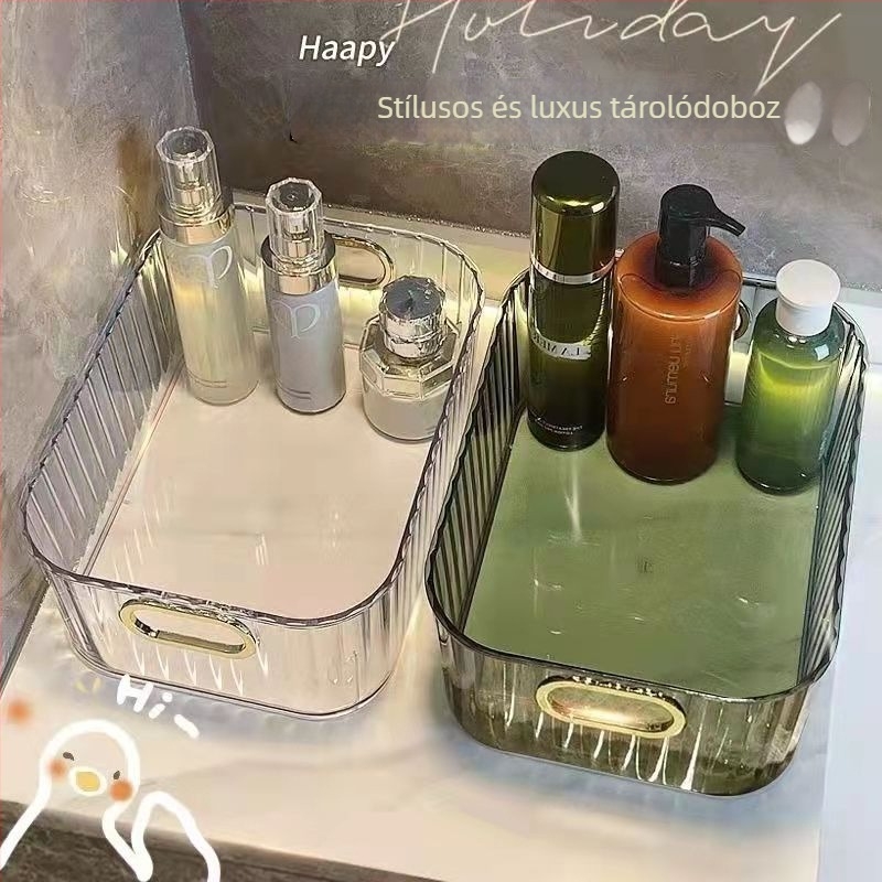 Akril sminkorganizer kozmetikumok és arcmaszkok számára, egyszínű tároló doboz, könnyű luxus stílus, méretek 27×21×10 cm