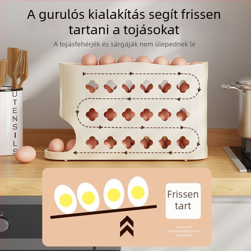 4 rétegű tojás tároló doboz oldalajtós hűtőhöz, nagy kapacitás, automatikus tojásgurító